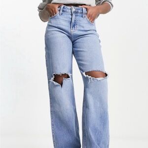Hollister Light Blue High-Rise Wide-Leg Distressed Jeans
